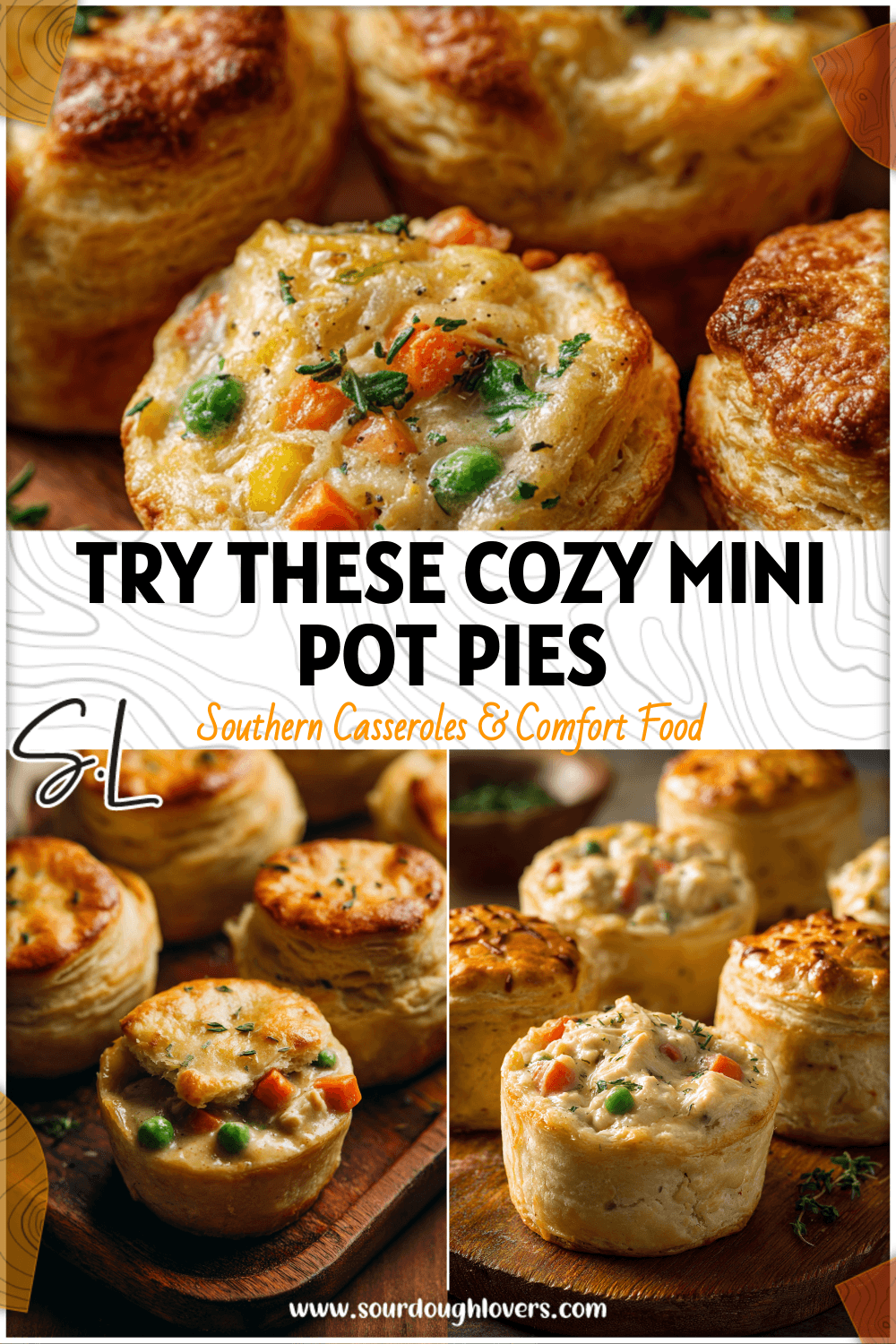 Golden Mini Chicken Pot Pies with biscuit crusts served on a rustic wooden platter.
